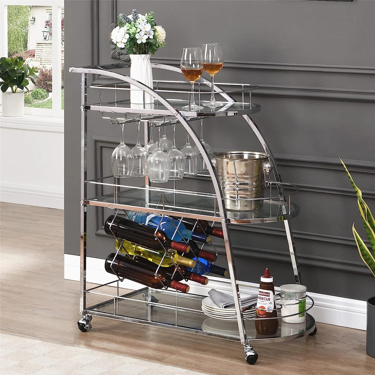 Industrial Mobile Bar Cart Serving Wine Cart with Wheels & Wine Rack, 3-Tier Metal Frame Kitchen Island Cart Mini Bar Cabinet Bar Carts for The Home