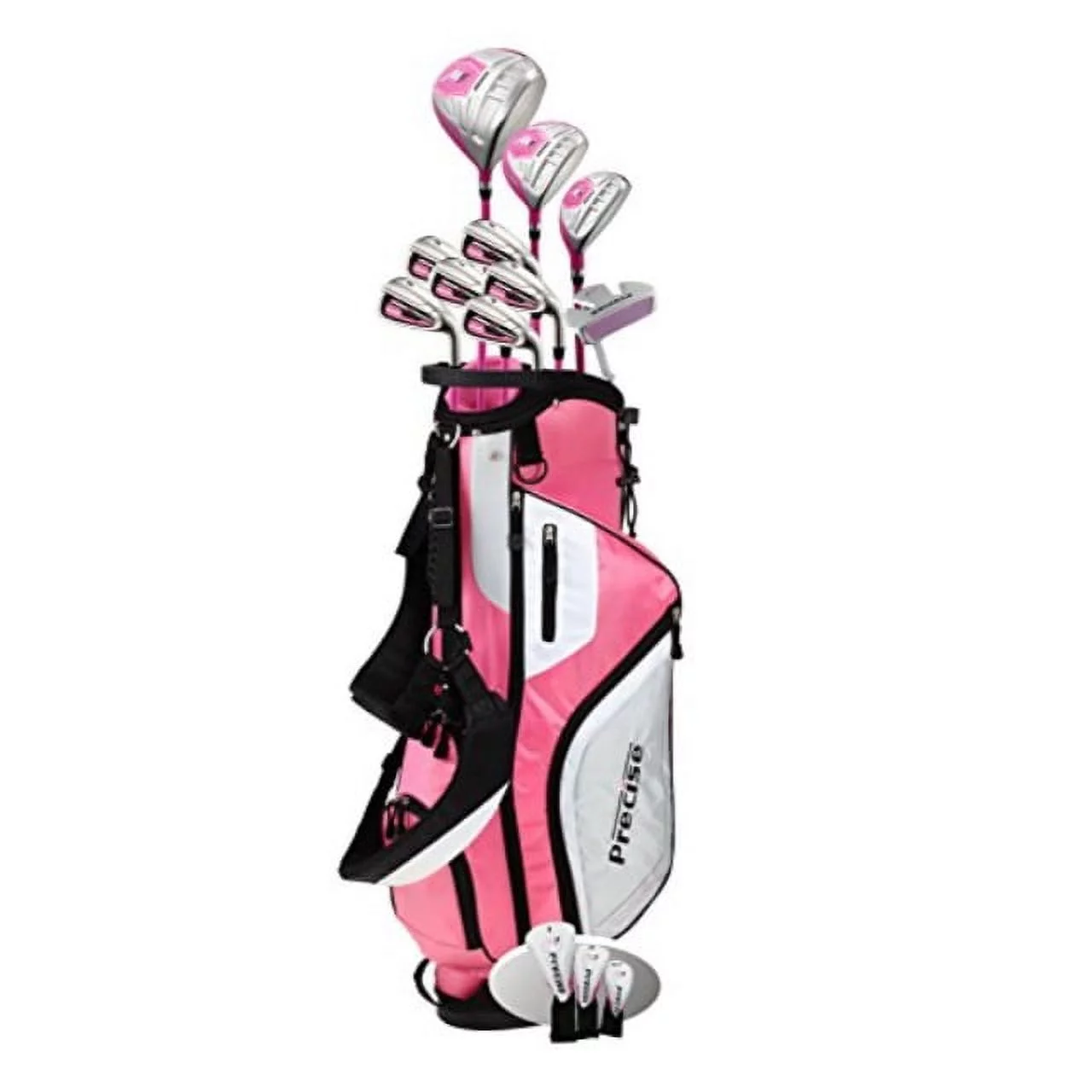 top line ladies pink right handed m5 golf club set, includes: driver, wood, hybrid, no. 5,6,7,8,9, pw stainless steel irons, putter
