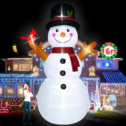 16FT Christmas Inflatable Snowman Outdoor Decorations, Giant Christmas Snowman, Holiday Blow Up Yard Decor with LED Lights
