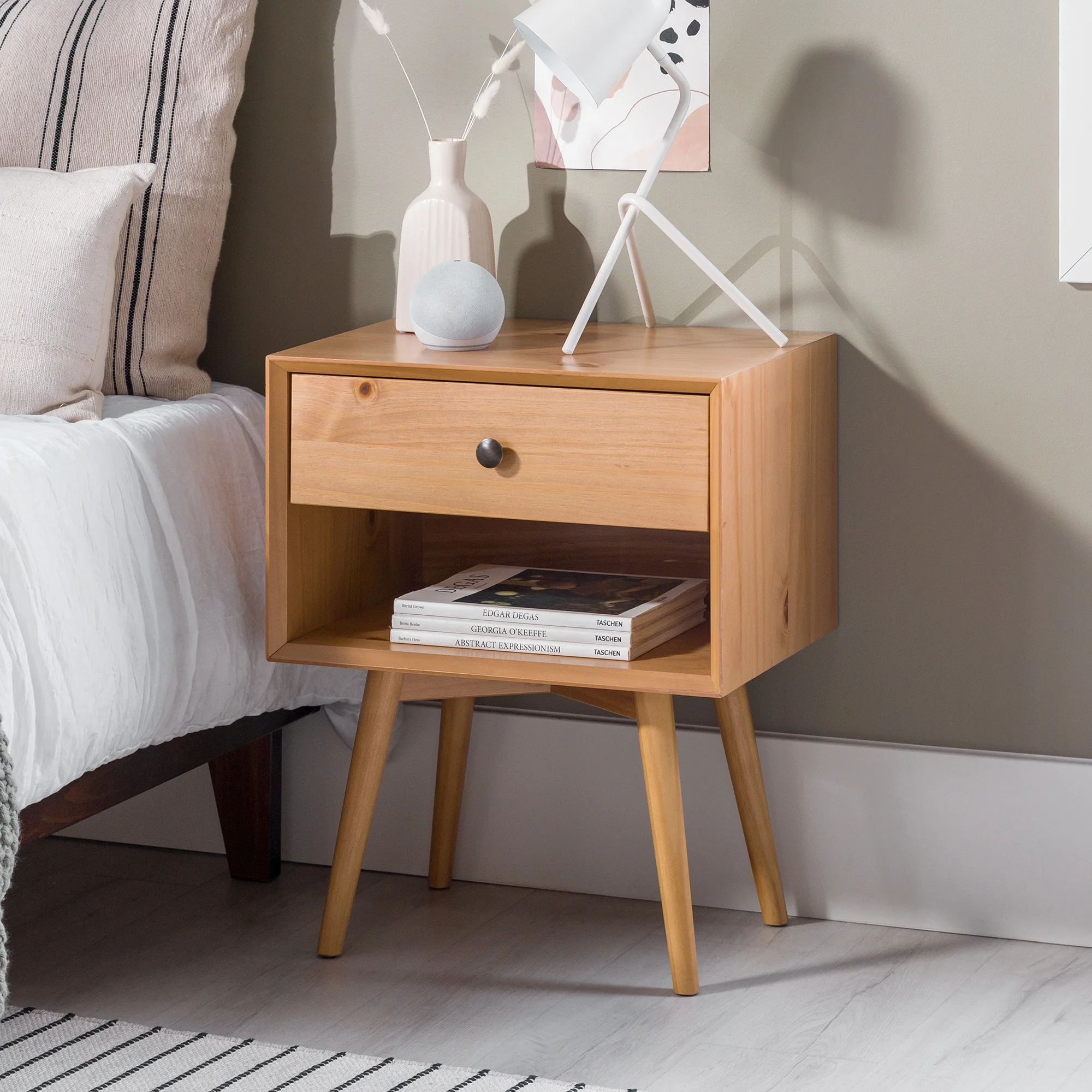 Walker Edison Mid Century Modern 1-Drawer Nightstand, Natural Pine