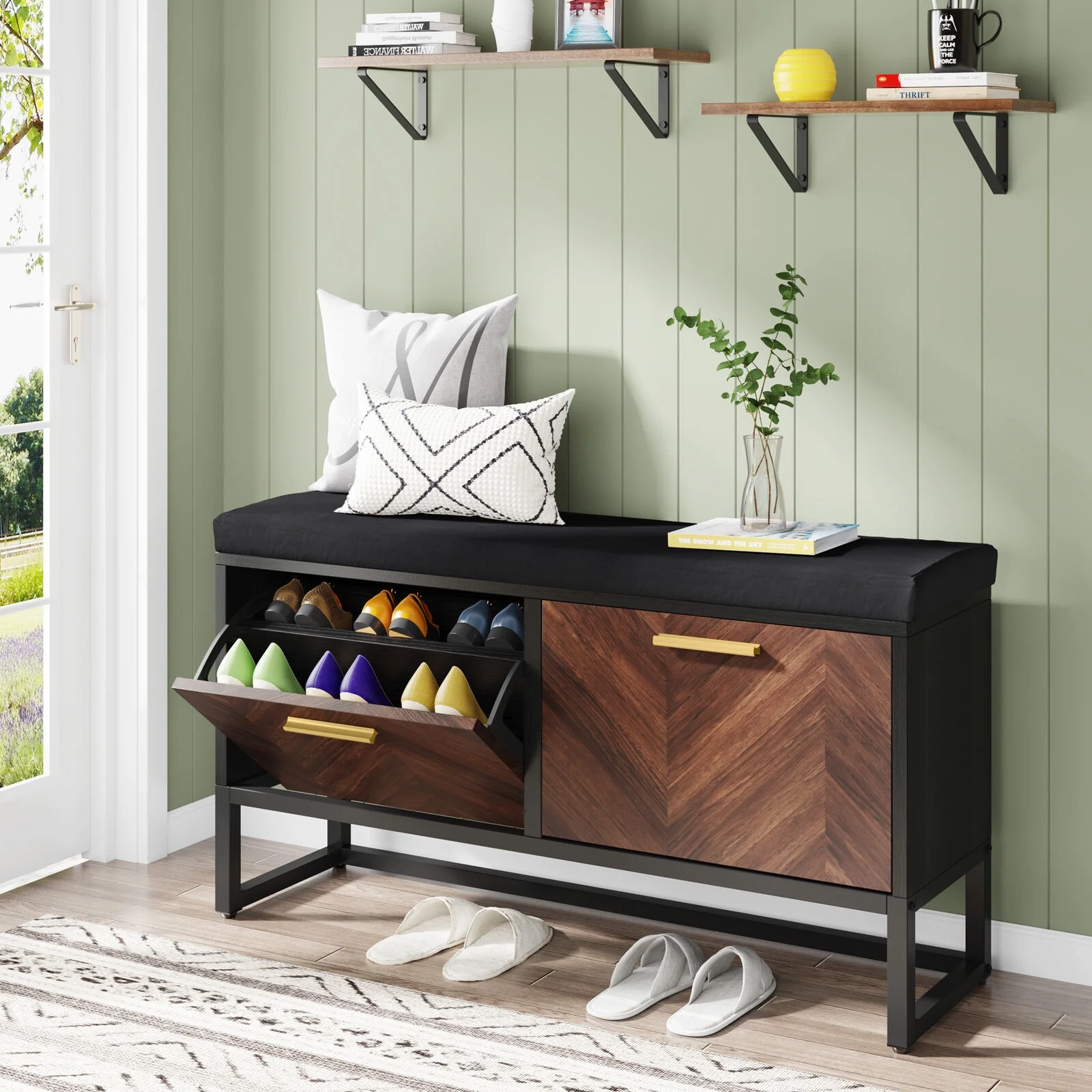 Tribesigns Shoe Storage Bench with Cushion & 2 Flip Drawers Entryway Hidden Shoe Storage with Adjustable Shelves, Brown & Black