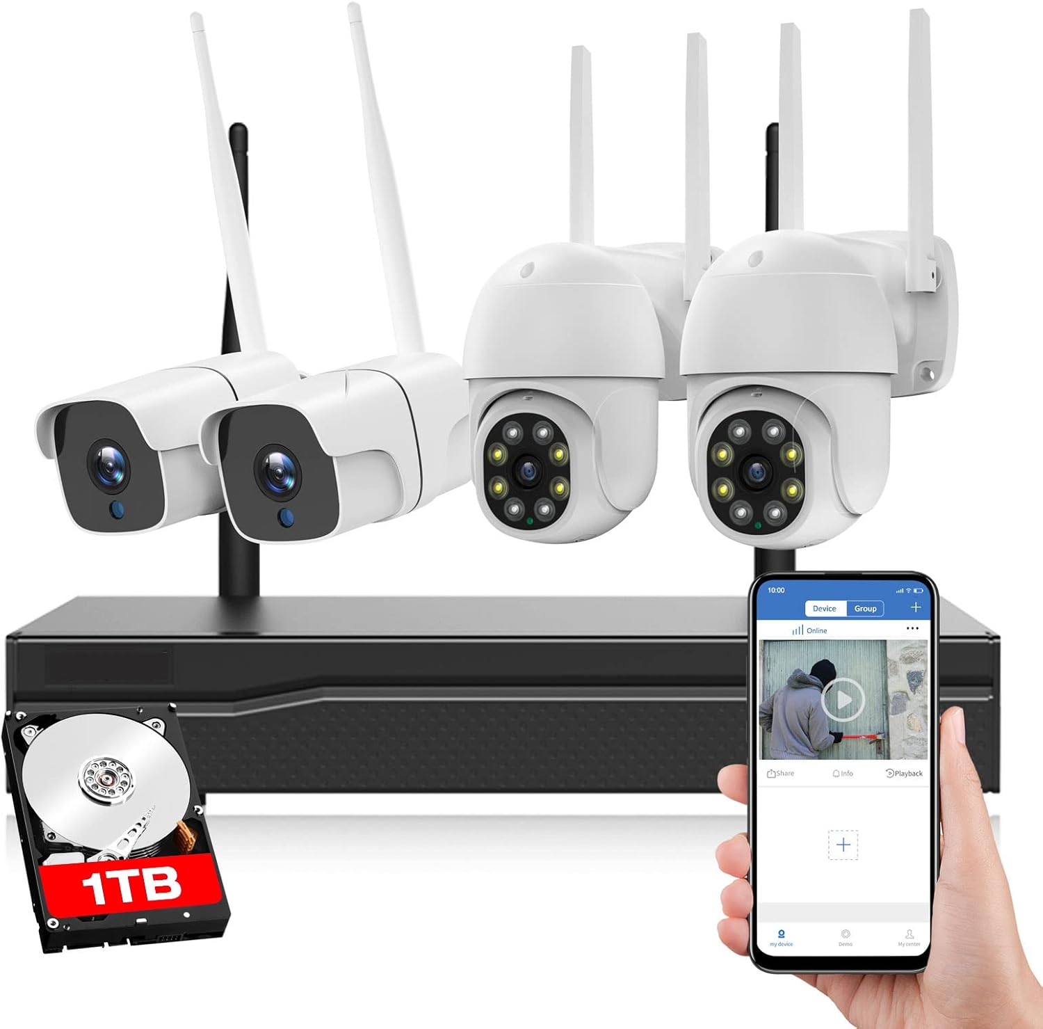 3MP Home Security Camera System Wireless Outdoor, 8 Channel WiFi Surveillance NVR Kits with 2X IP Cameras & 2X PTZ Cameras, 1TB HDD, Two-Way Audio