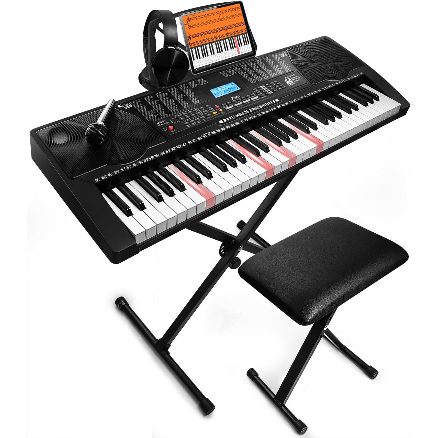 61 Key Portable Electronic Keyboard Piano w/Lighted Full Size Keys, LCD, Headphones, X-Stand, Stool, Music Rest, Microphone, Note Stickers