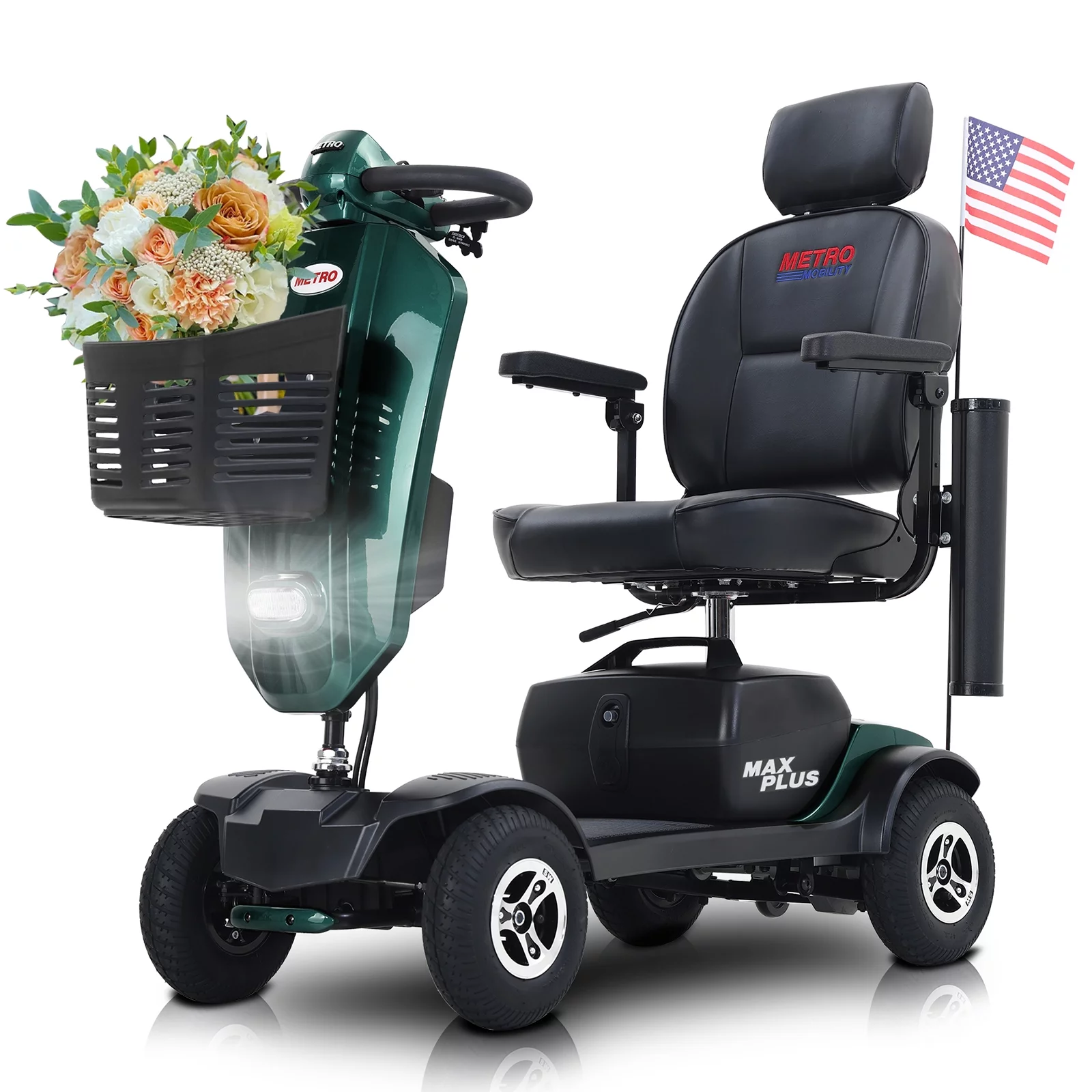 4 Wheels Mobility Scooter for Seniors Adults,LED Lights USB Port Long Range,Emerald