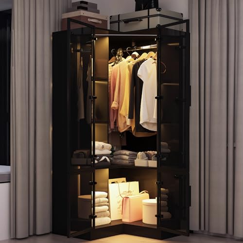 AIEGLE Wardrobe with Glass Doors and Light, L Shaped Corner Large Wardrobe Closet Storage Cabinet with Doors, Hanging Rod and 6 Shelves