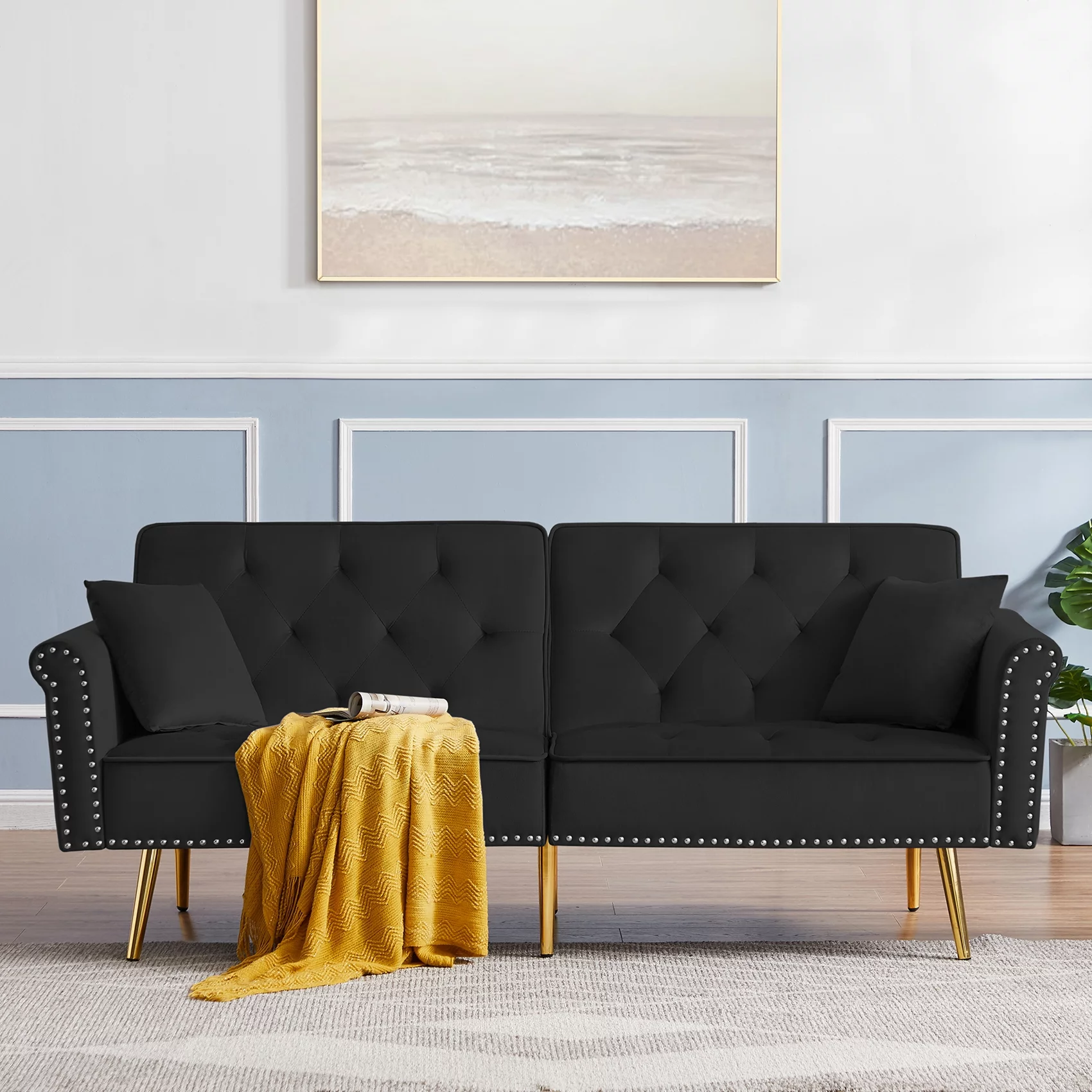 Velvet Tufted Futon Sofa Bed, Modern Loveseat Sleeper Couch with 2 Pillows and Nailhead Trim