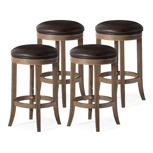 Maven Lane Eva 26 Inch Tall Counter Height Rotating Backless Barstool, Reclaimed Oak Finish with Ronan Stone Vegan Leather Upholstered Seat, Set of 4