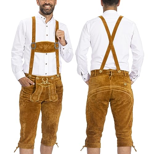 Lederhosen Men - Genuine Leather Authentic German Lederhosen for Men, Oktoberfest Outfit - Light Brown Knee