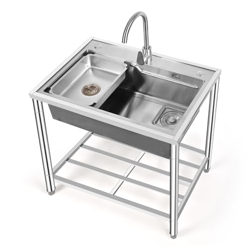 Stainless Steel Freestanding Sink,Freestanding Camping Single Bowl Sinks,Outdoor Utility Sinks,with Cold and Hot Water Pipe Faucet,for Outdoor Indoor