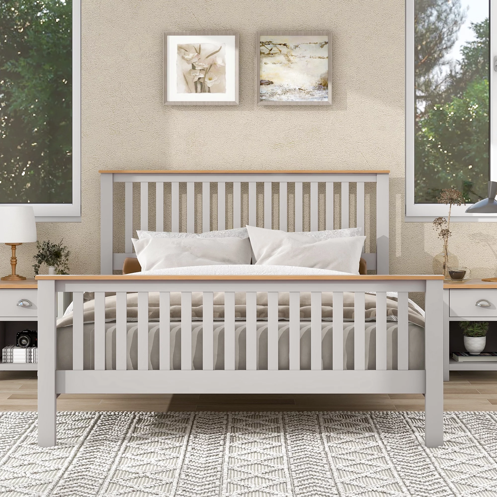 uhomepro Gray Queen Bed Frame with Headboard, No Box Spring Needed, Country Style Bedroom Furniture