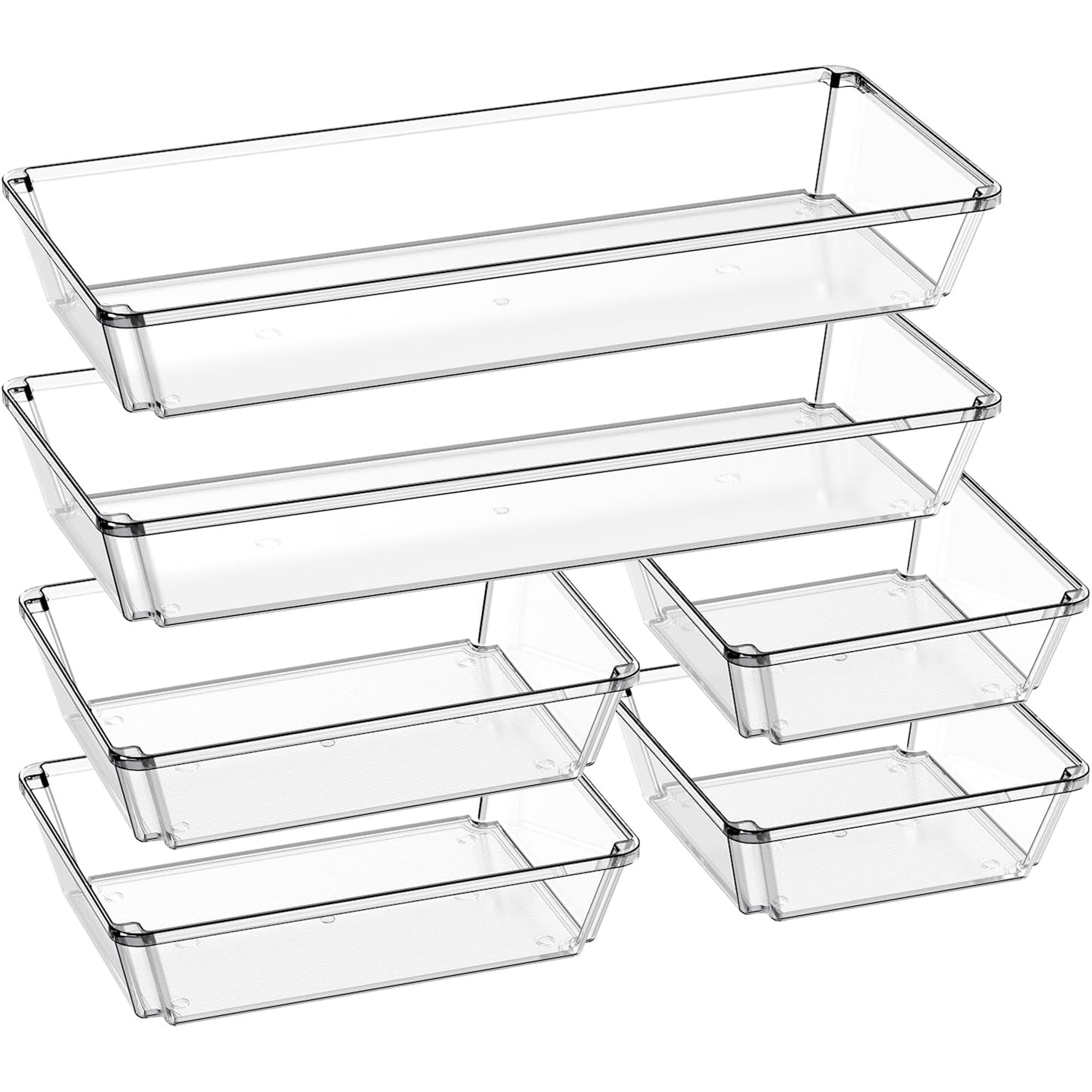 6 Pack Large Clear Plastic Drawer Organizer Trays, Desk Drawer Organizers and Storage Dividers, Non-Slip Storage Bins for Jewelry, Snacks, Office