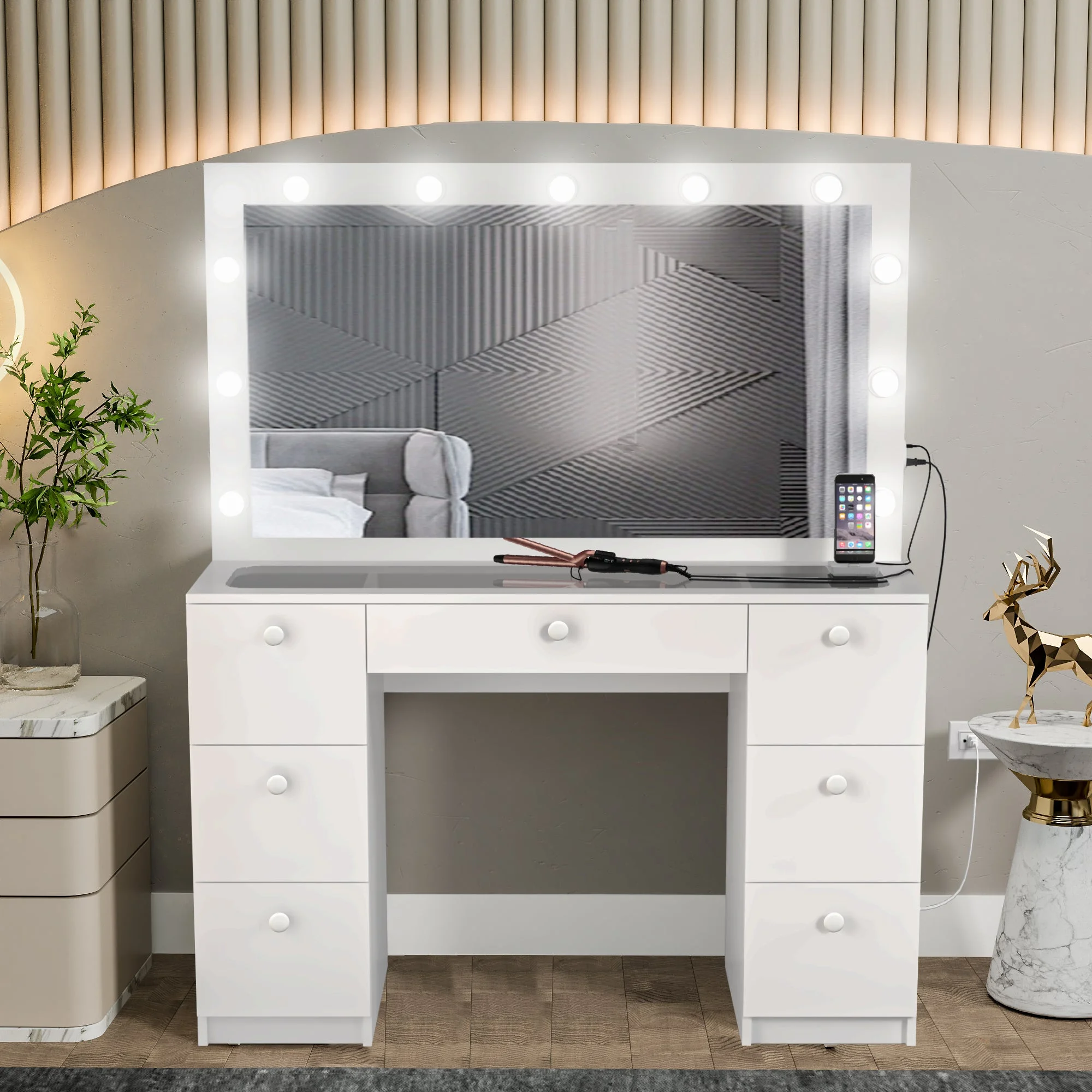 Boahaus Modern Yara Makeup Vanity Table Set with Mirror, 7 Drawers, White, Built-in Lights
