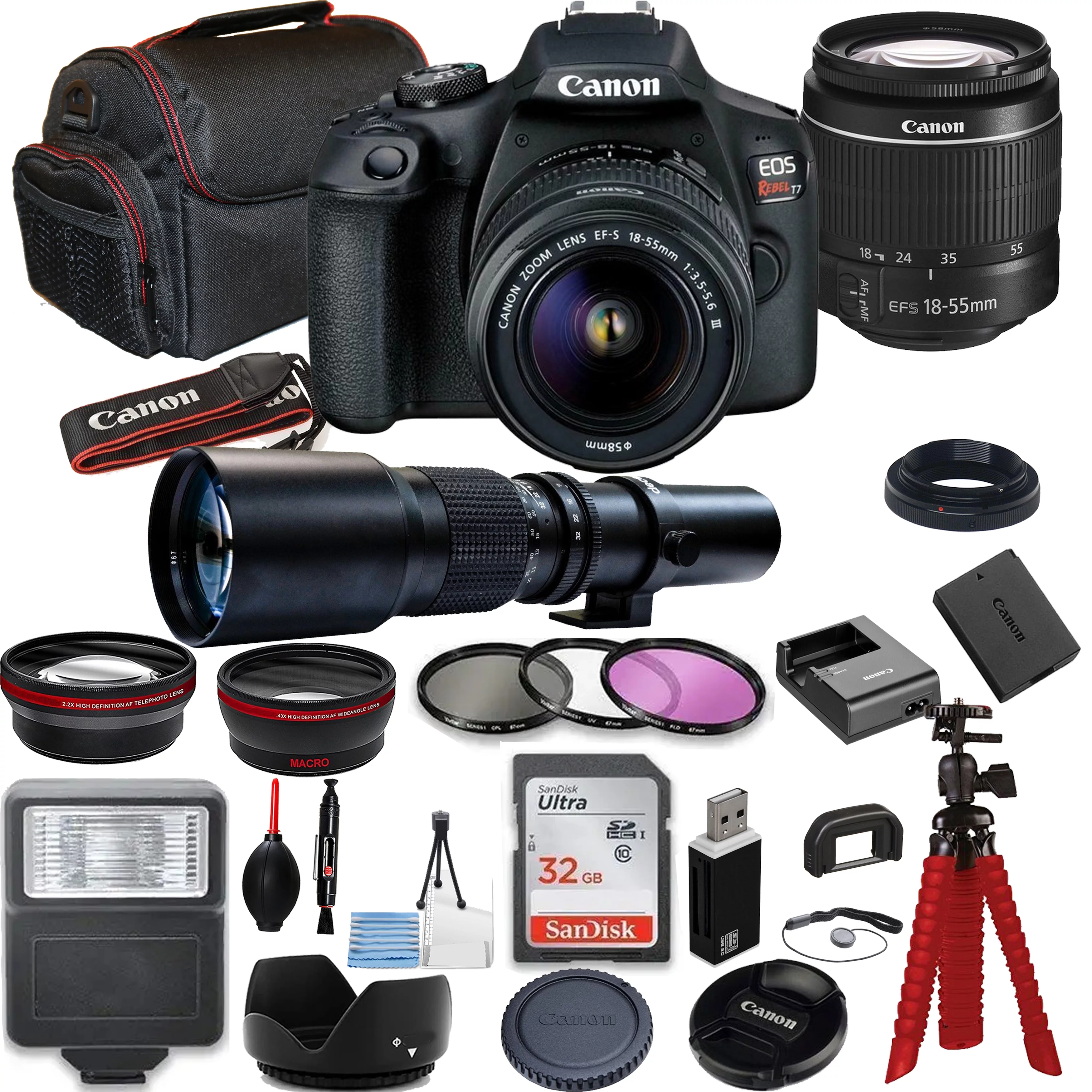 Canon EOS Rebel T7 DSLR Camera Bundle with Canon EF-S 18-55mm f/3.5-5.6 Lens + 500mm Preset Lens + SanDisk 32GB Memory Cards + Photography Kit