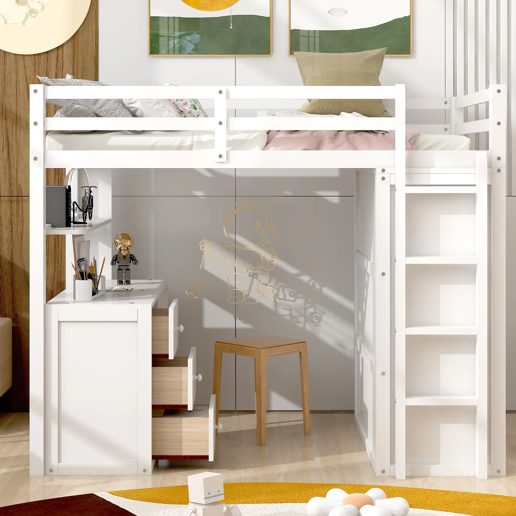 Wooden Twin Size Loft Bed for Kids, Twin Loft Bed with Drawers, Desk, Wardrobe, Ladder & Safety Rails