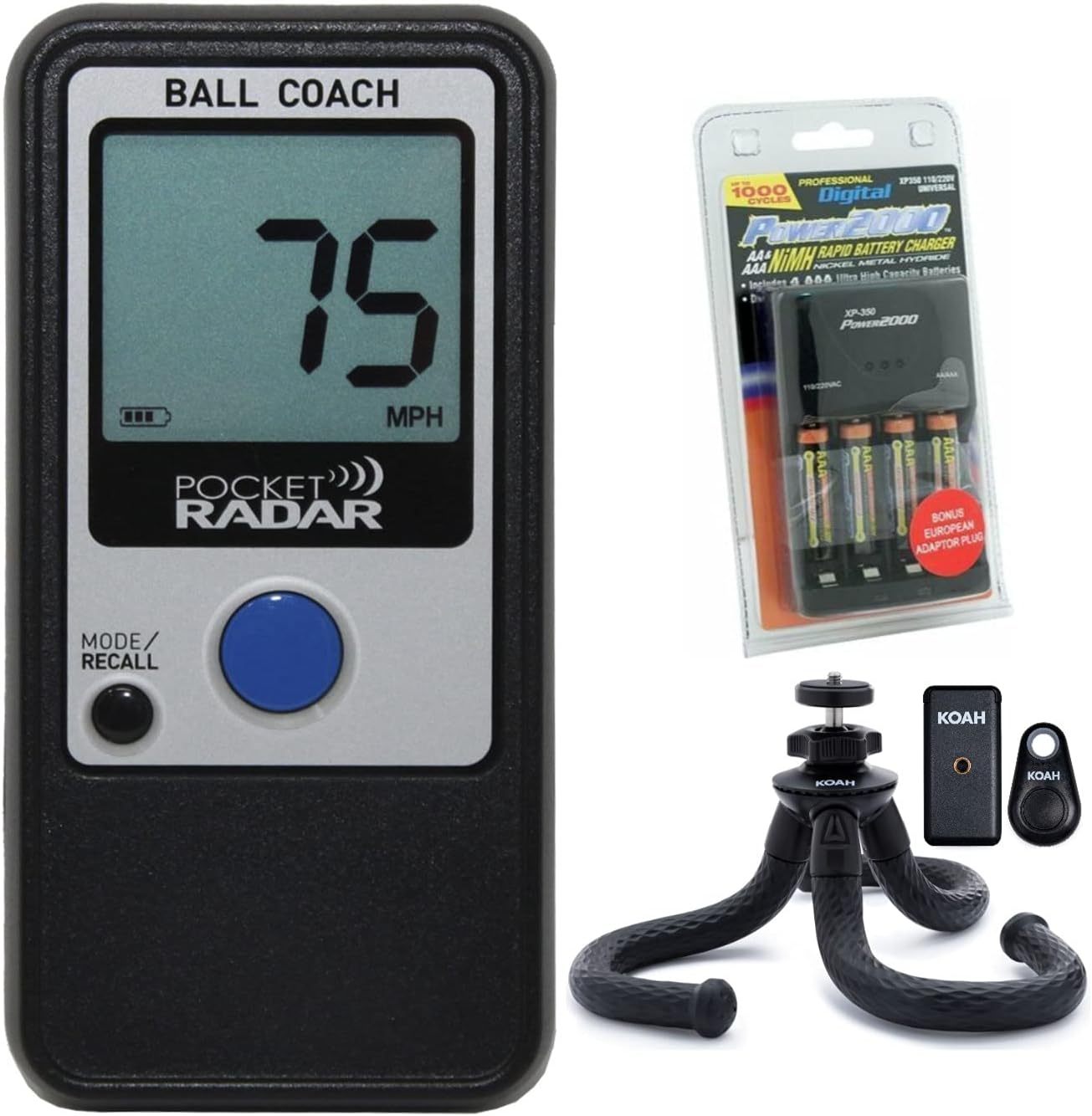 Pocket Radar Ball Coach Pro-Level Speed Training Tool and Radar Gun Bundle with Rapid Charger with Four Rechargeable Batteries