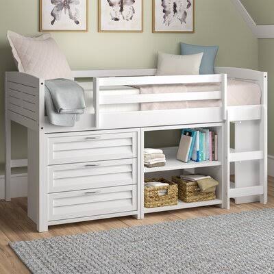 Twin Solid Wood Loft Bed with Bookcase and with Shelves Bed Frame Color: White