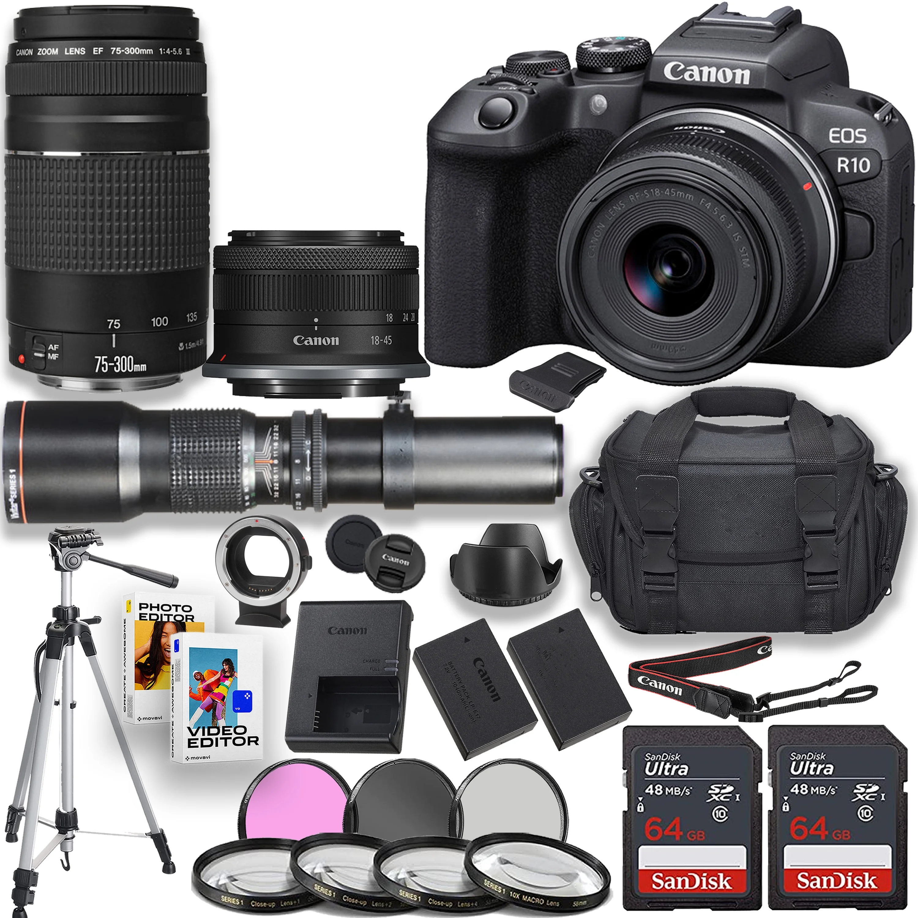 Canon EOS R10 Mirrorless Camera with Canon RF-S 18-45mm IS STM Lens + EF 75-300mm f/4-5.6 III Lens + 500mm Telephoto f/8 Lens + 2pc 64GB Memory Cards