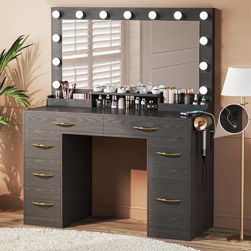 Makeup Vanity Desk with Lights, Vanity Desk with Large Mirror, White Vanity with Outlets Large Drawers & Storage, 3 Lighting Color Adjustable