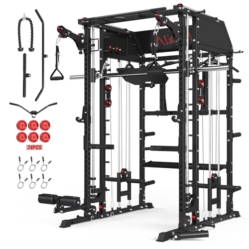Mikolo Smith Machine, Multi-Function Power Cage with Dual Pulley System, Vertical Leg Press Attachment