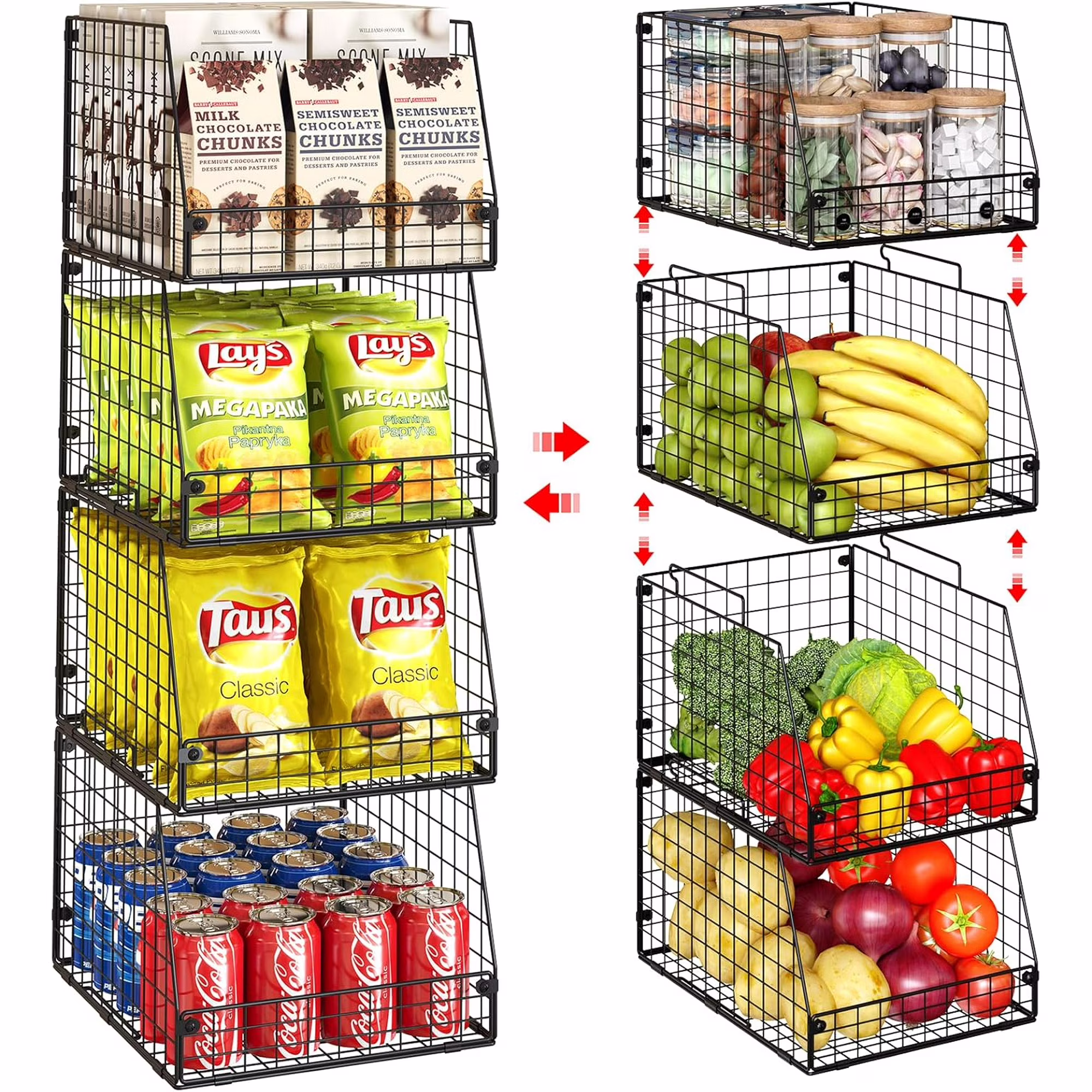 4 Pack XXL Stackable Wire Storage Basket, Extra Large Capacity Pantry Organizer and Storage, Muti-Purpose for Fruit Vegetable Basket &amp