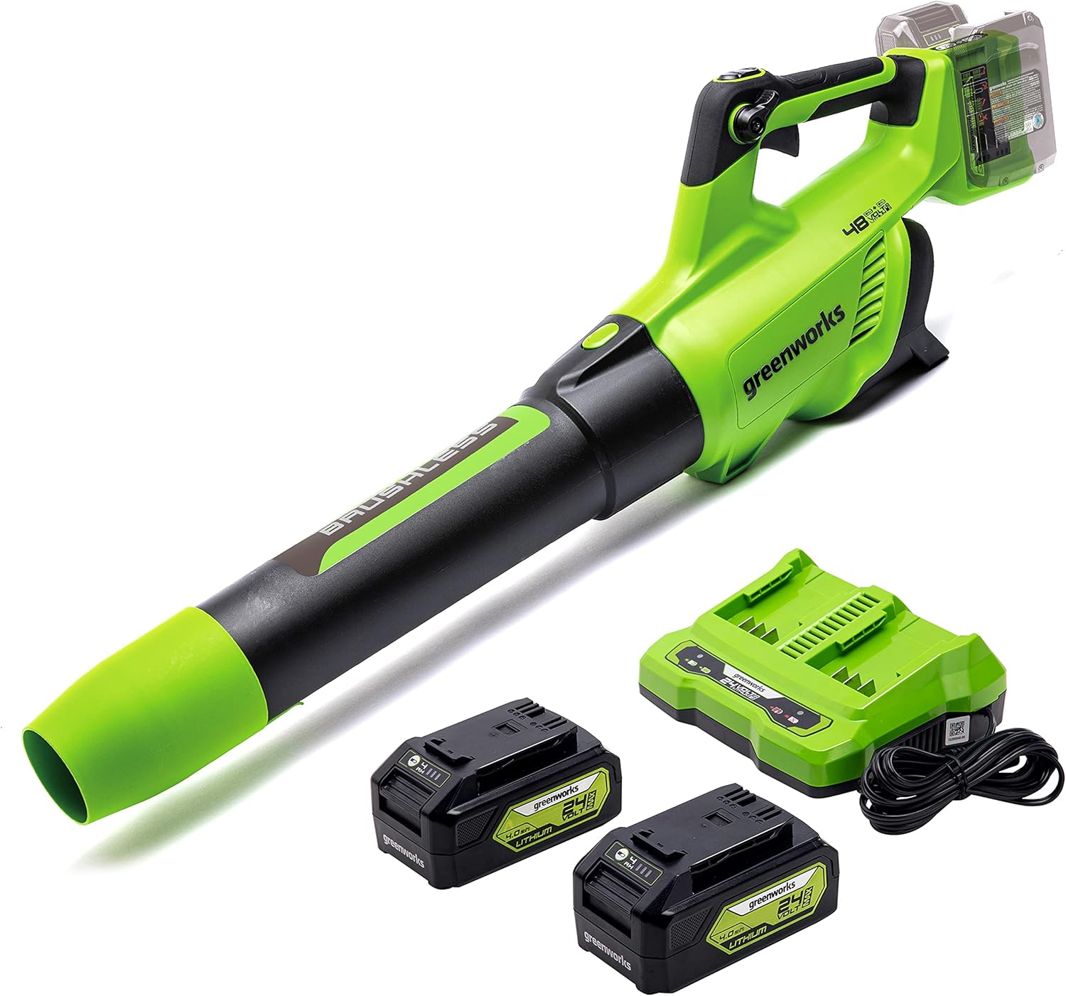 Greenworks 48V (2 x 24V) Brushless Cordless Axial Blower (140 MPH / 585 CFM), (2) 4.0Ah USB Batteries (USB Hub) and Dual Port Rapid Charger Included