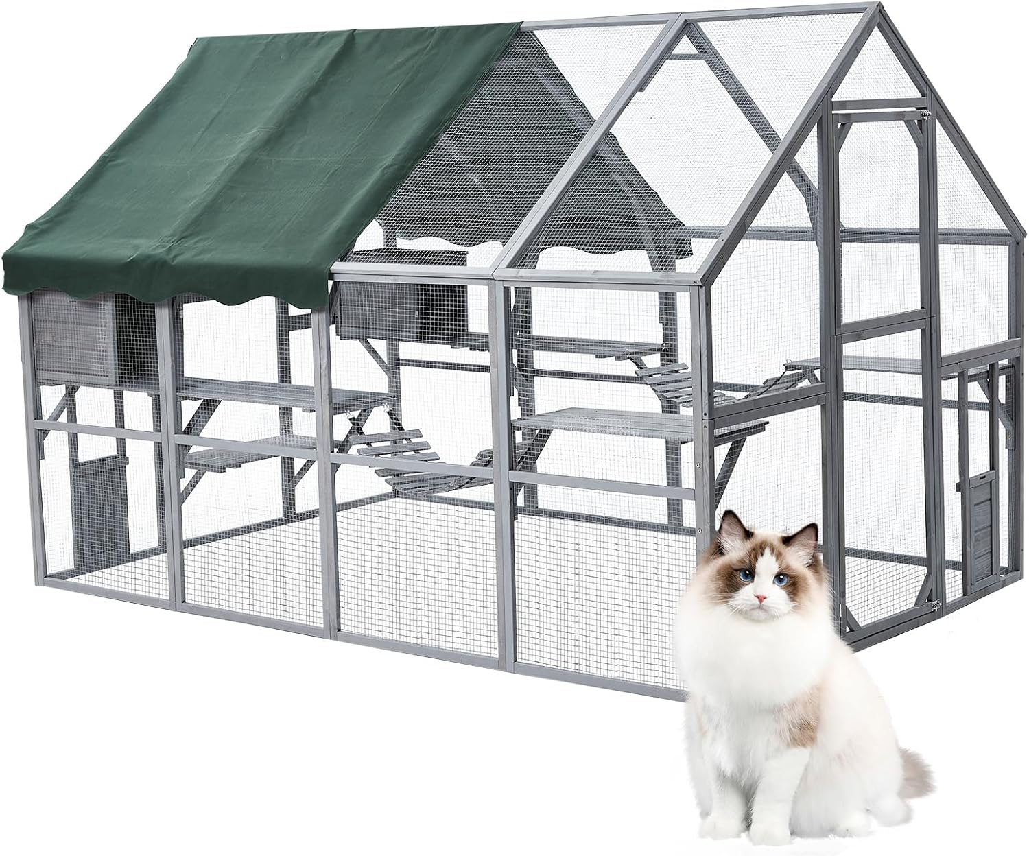 Large 3-Tier Outdoor Cat House, Small Animal Enclosure with 2 Lockable Cat Doors and a Walk in Door, Large Catio with Half Waterproof Cover