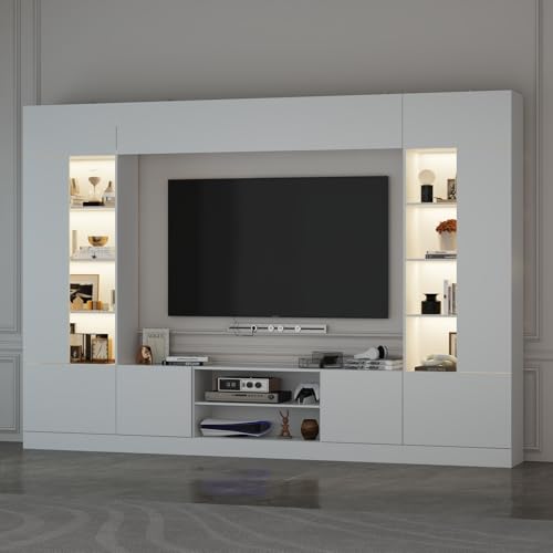 Glossy Entertainment Center with Storage, 94.5”W Wall Unit TV Stand with Bookshelves & Adjustable Shelves, Modern Media Center Cabinet with Bridge