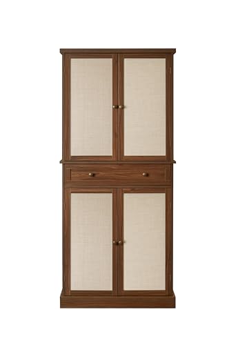 Kitchen Pantry Storage Cabinet, Tall Cabinet with 4 Rattan Doors and 1 Drawers, Freestanding Cupboard with Adjustable Shelves
