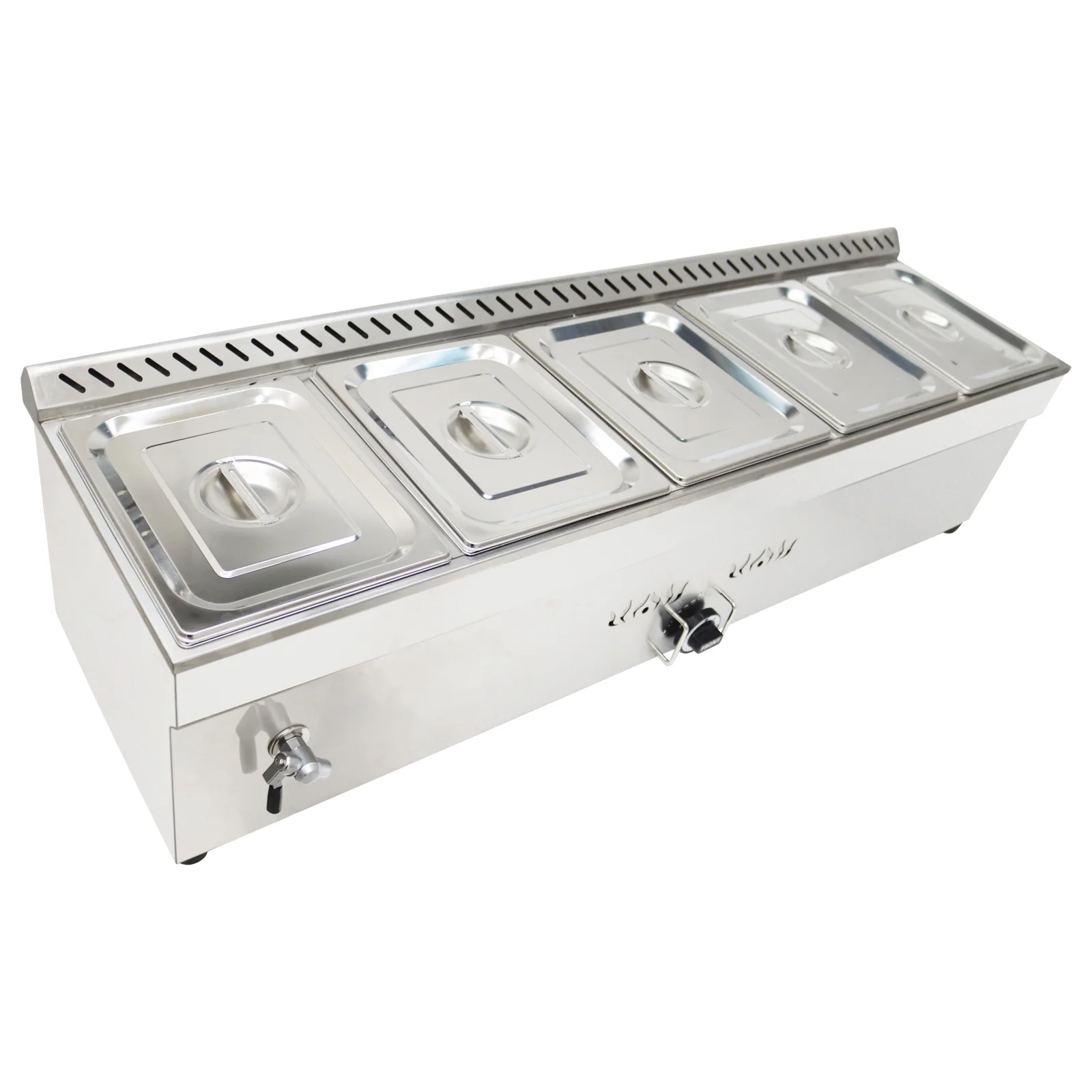 PreAsion Propane Gas Food Warmer Bain-Marie Buffet Steam Table 5 Pan Stainless Steel Countertop Food Warmer