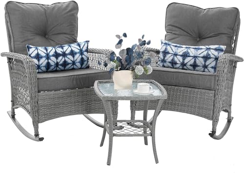 Patio Furniture Set 3 Pieces, Wicker Rocking Bistro Set with Thick Cushions, Outdoor Rocker Chairs and Coffee Table for Porch