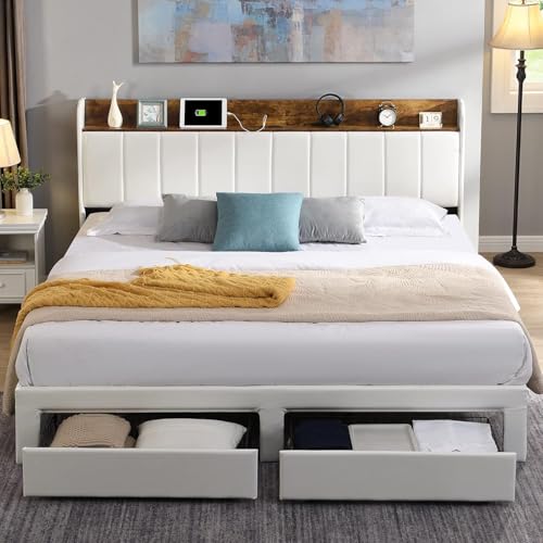 Queen Bed Frame with Headboard & Charging Station, Upholstered Platform Bed Frame with 2 Storage Drawers