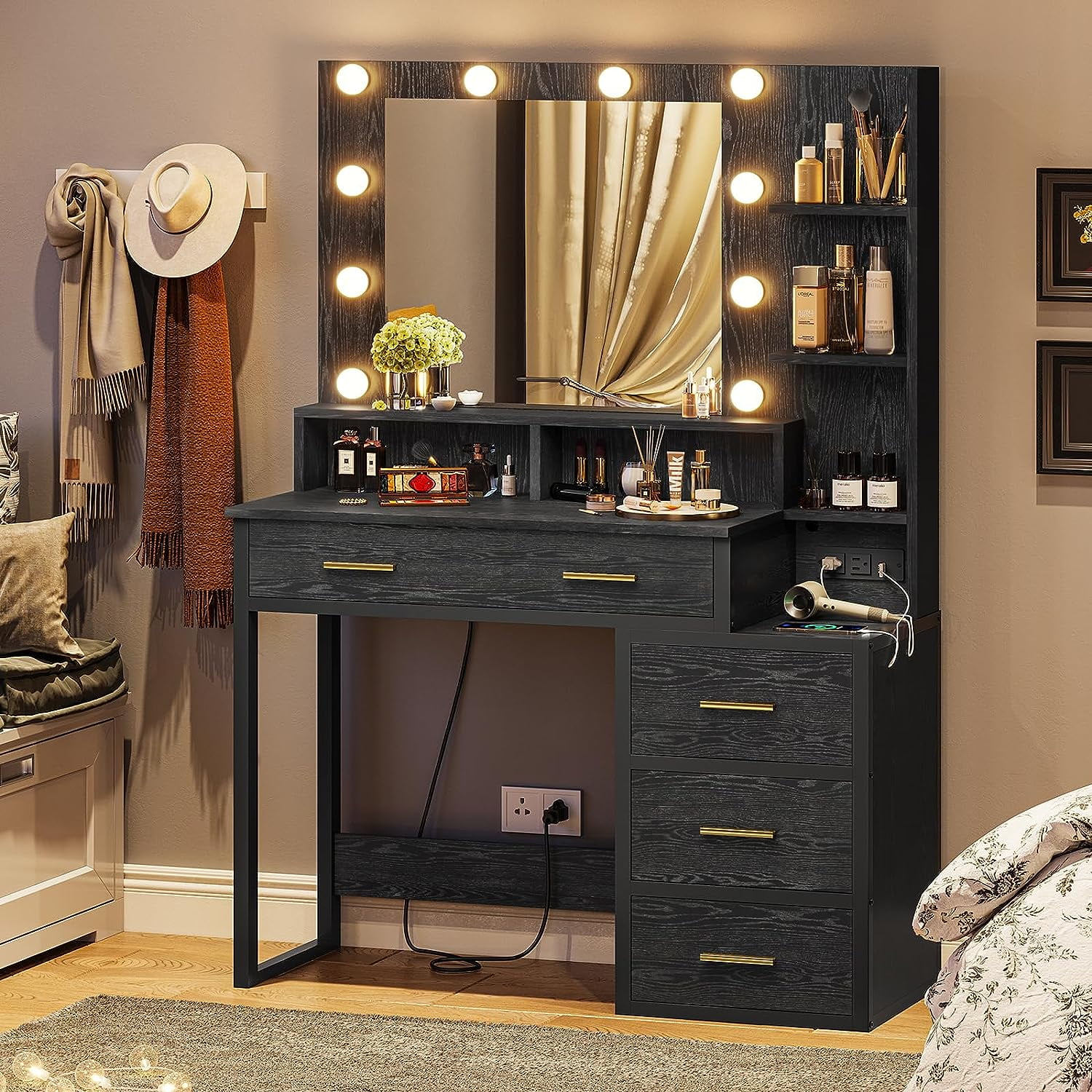 Makeup Vanity with Lights and Charging Station, Black Vanity Desk with 5 Drawers and Shelves,Makeup Table with Mirror and Lights