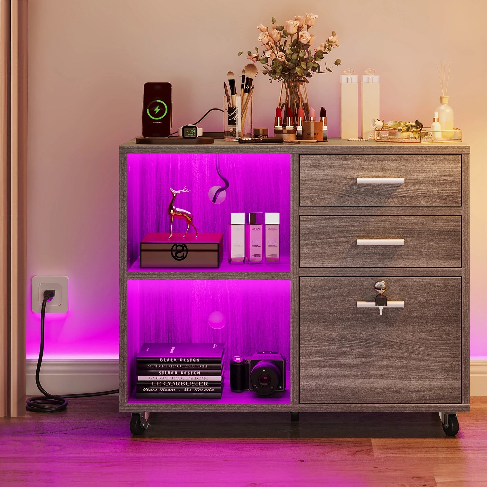 Dextrus 3 Drawer File Cabinet with Charging Station& Lock& LED Light, Mobile Lateral Filing Cabinet Rolling Printer Stand for Office,Black