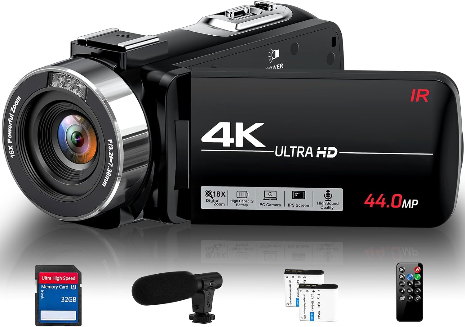 4K Camcorder Video Camera Ultra HD 44MP Vlogging Camera for YouTube 18X Digital Zoom Camcorder 3.0" IPS Screen Video Recorder with External Mic