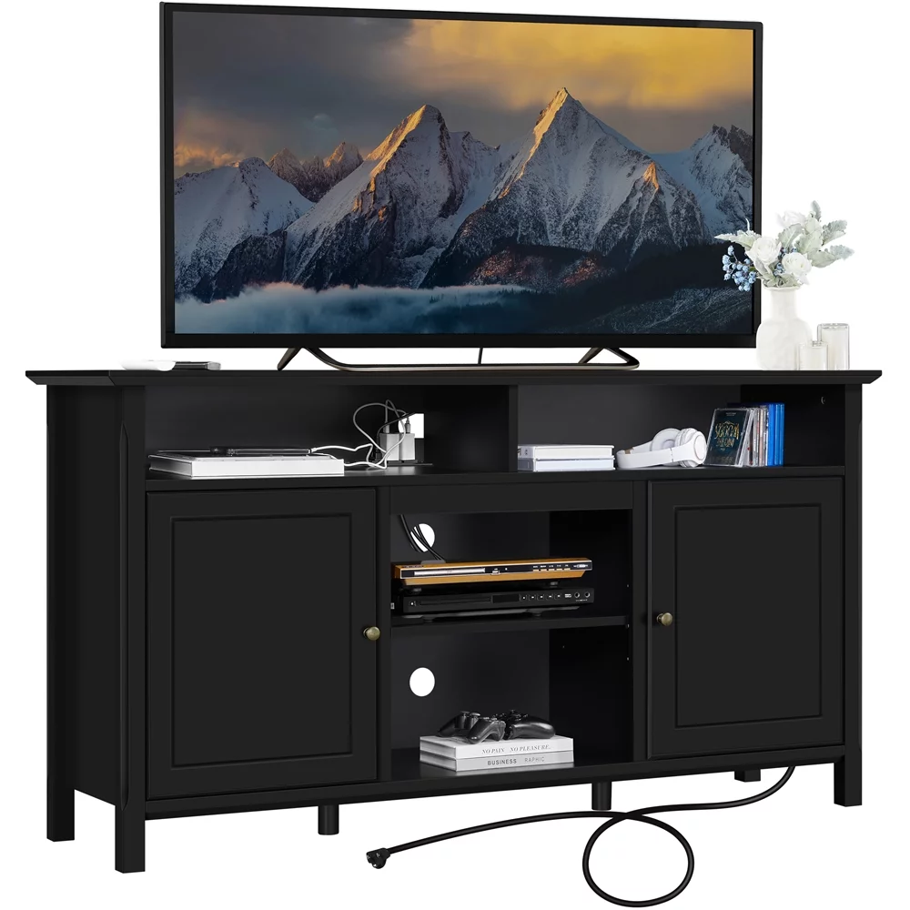 Easyfashion 58in Width Modern TV Stand TV Console with Power Outlet for TVs up to 65in, Black