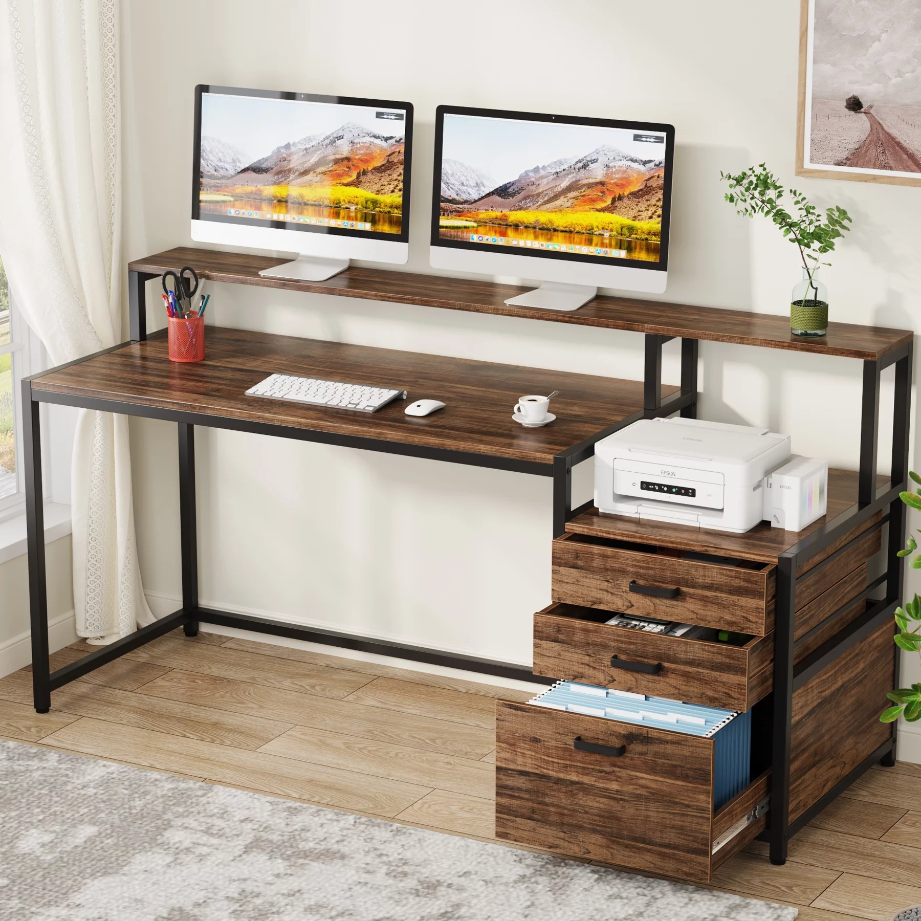 Tribesigns 63 Inch Computer Desk with Monitor Stand, Ergonomic Office Desks with Drawers File Cabinet