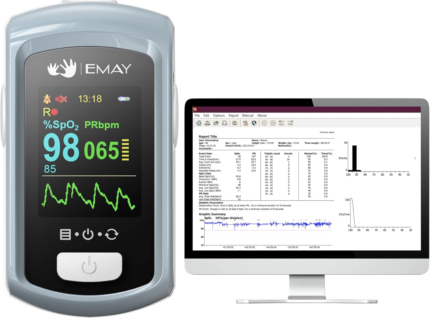 EMAY Sleep Oxygen Monitor with PC Software & App | Bluetooth Pulse Oximeter Rechargeable for Overnight & Continuous SpO2 Tracking with 72 Hours