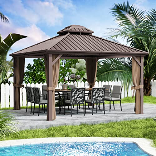 Kozyard Caesar 10'x10' Hardtop Gazebo - Permanent Metal Pavilion with Netting and Shaded Curtains for Patio, Backyard, and Deck