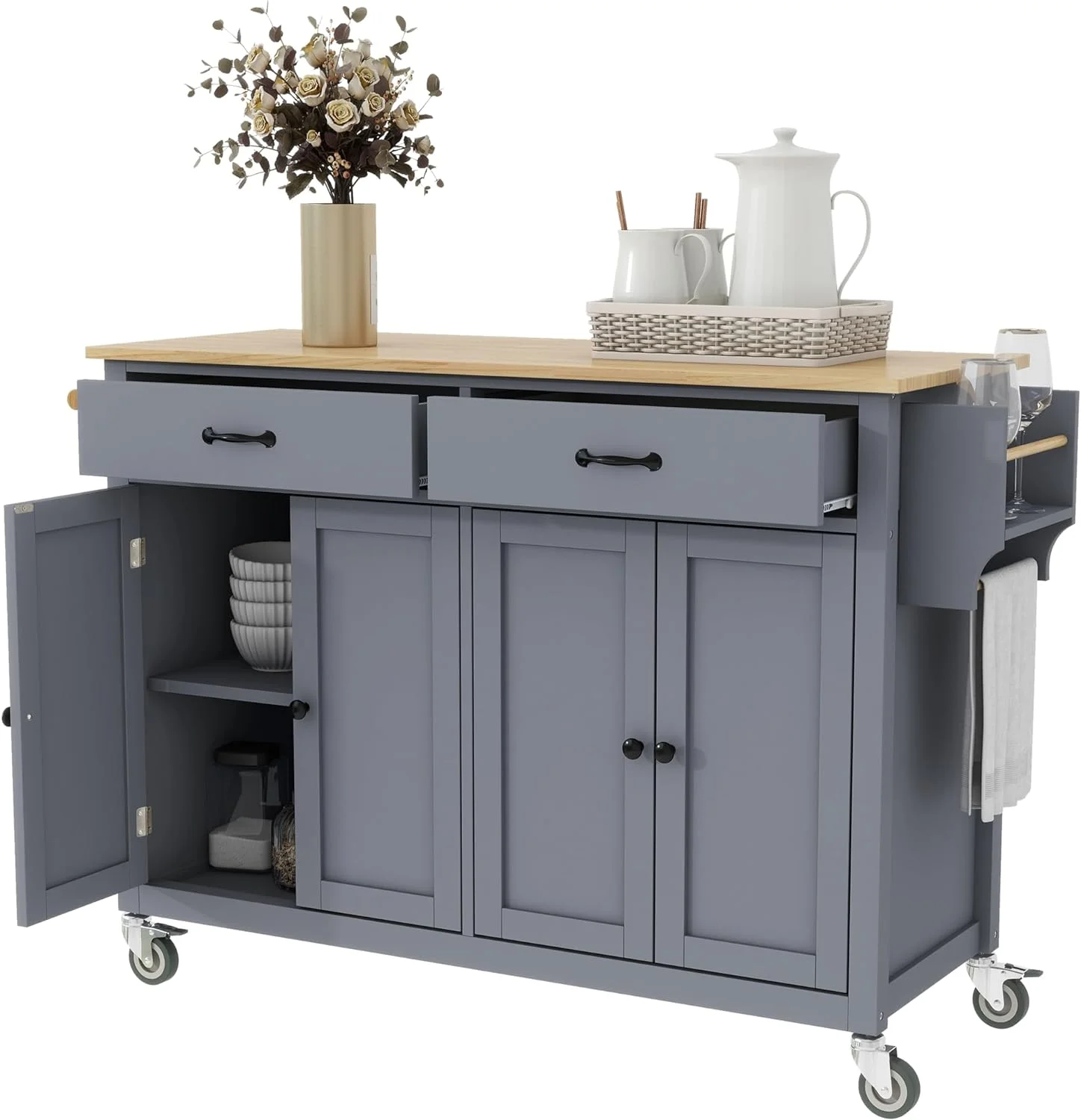 Large Kitchen Island With Solid Wood Top, Storage Cabinets And Drawers, Mobile Kitchen Island Cart With Spice Rack And Towel Rack