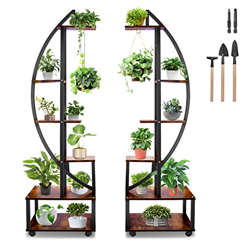 Seeutek 2 pcs 6 Tier Tall Metal Indoor Plant Stands with Hanging Loop,Half Moon Shaped Ladder Plant Shelf Holder
