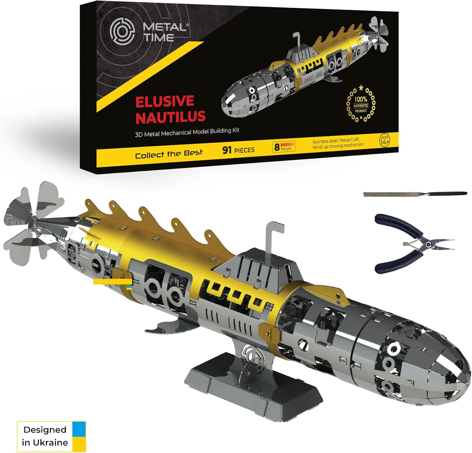 METAL-TIME Elusive Nautilus Submarine 3D Metal Mechanical Model Building Kit | Unique Wind-Up Moving Mechanism | Assemble Disassemble Stainless Steel