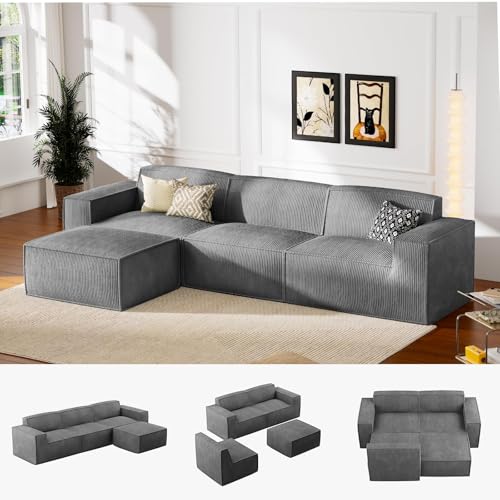 Marsail 111" L-Shape Sofa, Modular Cloud Couches with Deep Seats & High-Back, Corduroy Sectional Sofa for Living Room Bedroom with Ottoman