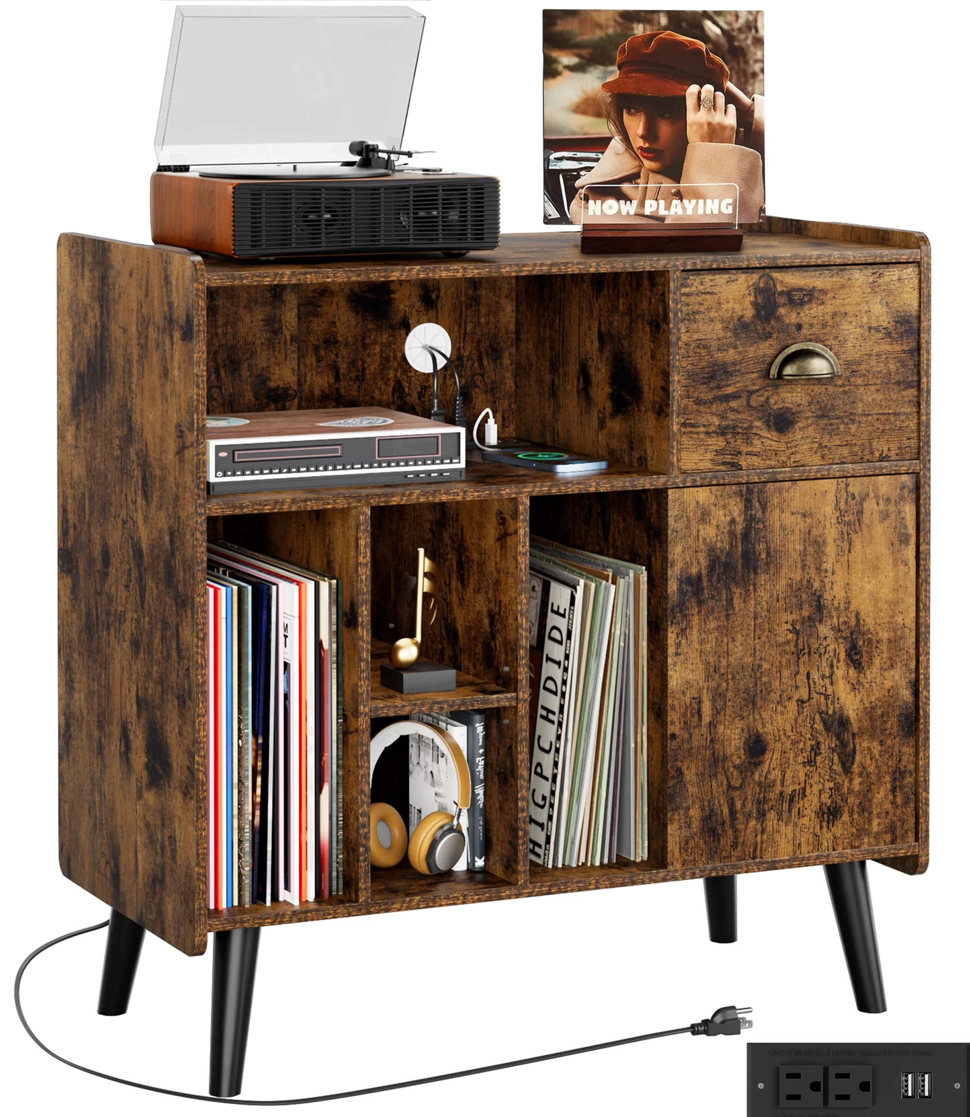 Luxmo Record Player Stand with Vinyl Storage, Vinyl Record storage Cabinet with Charging Station