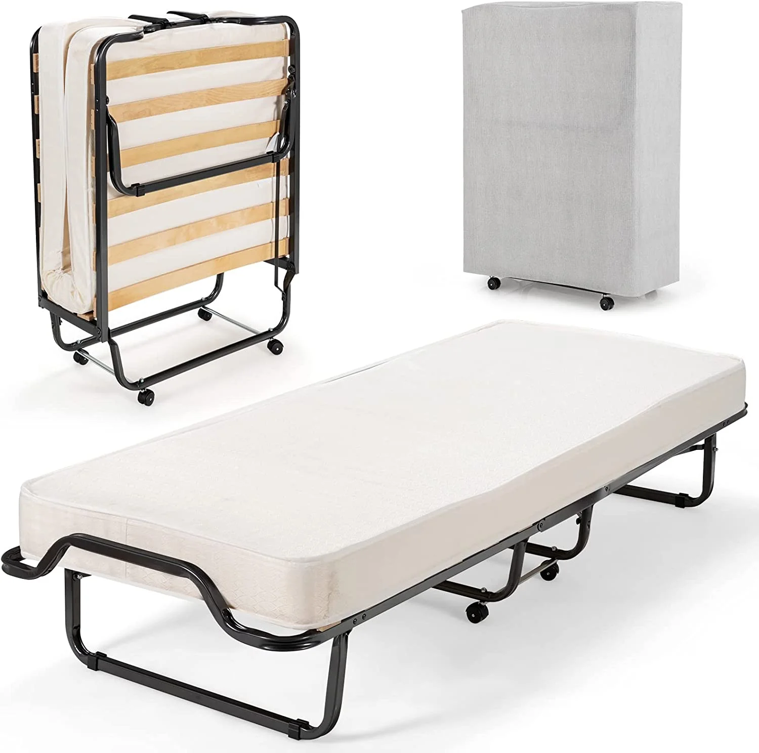 Roll Away Beds with 4 Inch Mattresses for Adults. Made in Italy. Folding Cot Size Guest Bed with Storage Cover & Memory Foam Mattress. Space-Saving