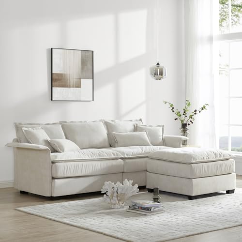 P PURLOVE Convertible Sectional Sofa Couch with Double Cushions, L Shape Couch with Ottoman, Bentwood Armrests for Living Room, Apartment