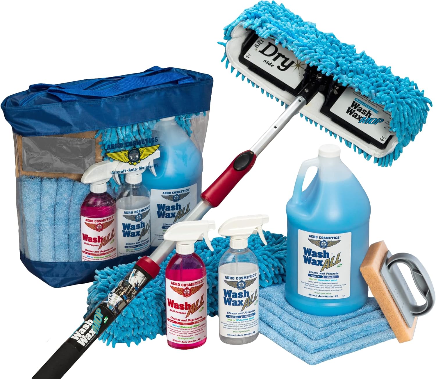 Aero Cosmetics Waterless RV Aircraft Boat Wash Wax Mop Kit with Deluxe Pole (3' 9" to 9'), No Ladder Needed, Wash, Wax, Dry, Anywhere, Anytime