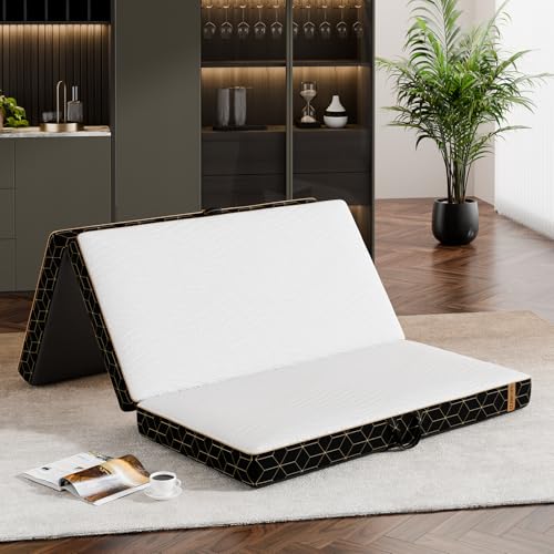 Tri-Fold Memory Foam Mattress Queen - 6 Inch Portable Folding Mattress with Handle & Washable Cover, Floor Bed with Non-Slip Base