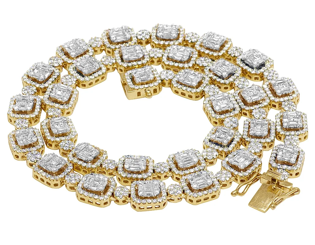 10K Yellow Gold 9MM Baguette Diamond Choker Chain Necklace 13.4 CT 18"
