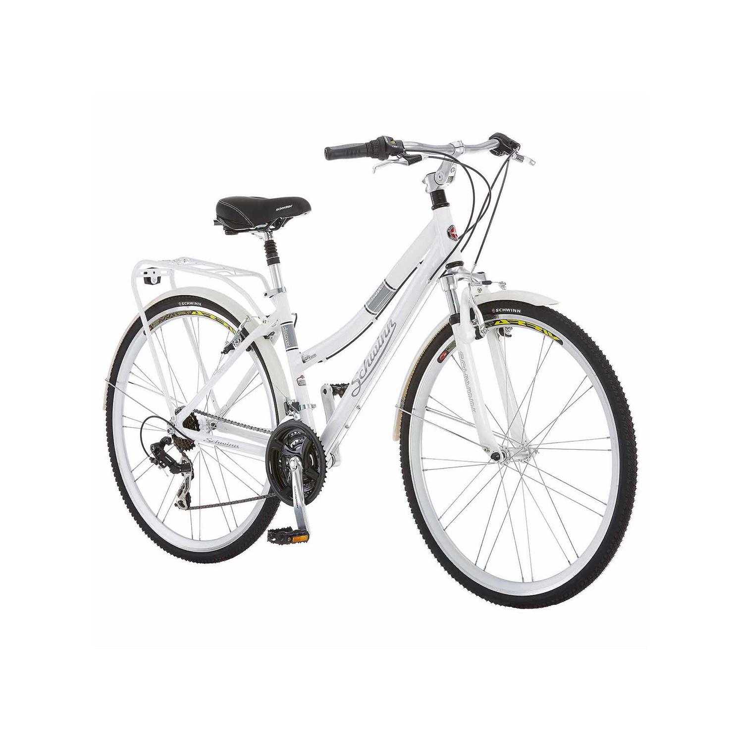 Schwinn Discover Adult Hybrid Bike for Men and Women, 700c Wheels, 21-Speeds, Step-Through or Step-Over Frame, Front and Rear Fenders, Rear Cargo
