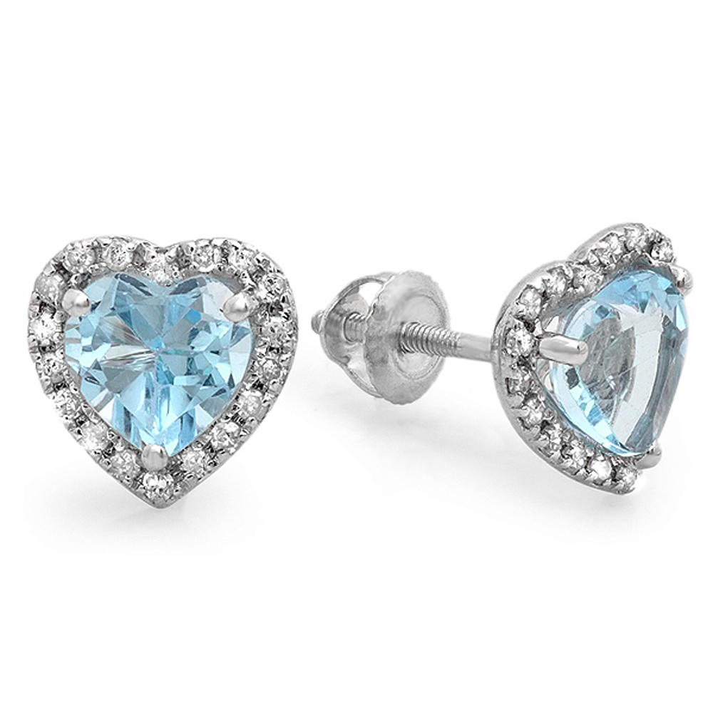 2.25 Carat (ctw) 18K White Gold Heart Shape Blue Topaz & Round Cut Diamond Ladies Halo Stud Earrings